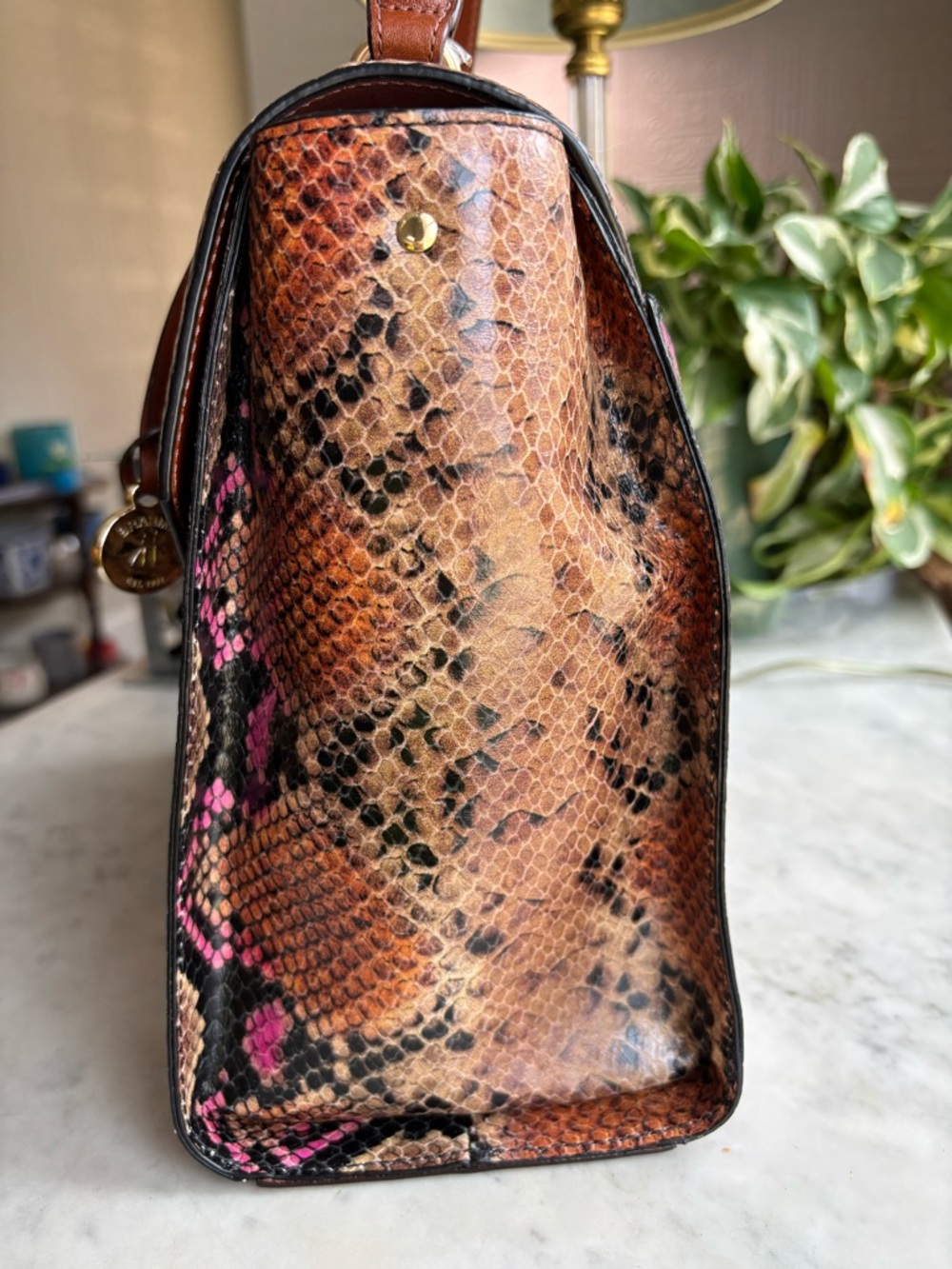 Brahmin Brown & Pink Python-Embossed Satchel with Gold Hardware - Picture 4 of 9